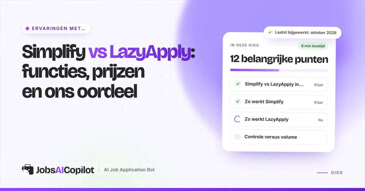 Vergelijkingskaarten van Simplify en LazyApply met een versus-badge op een violette JobsAICopilot-cover