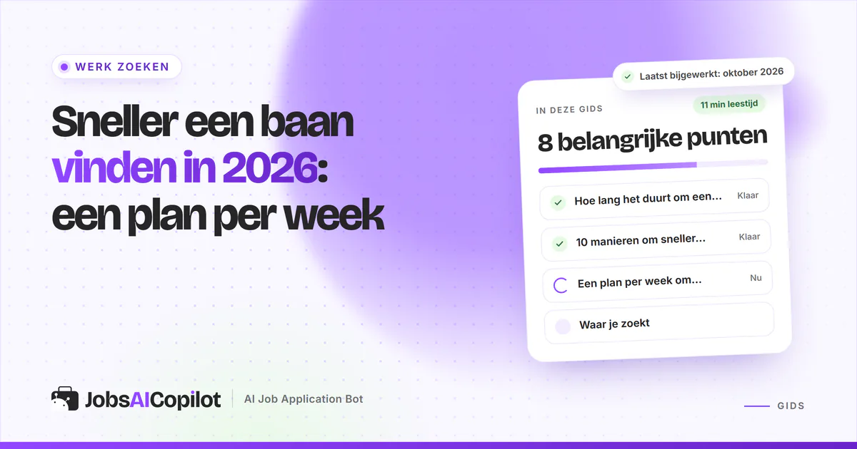 Stappenplan om sneller een baan te vinden in 2026 op een violette JobsAICopilot-cover