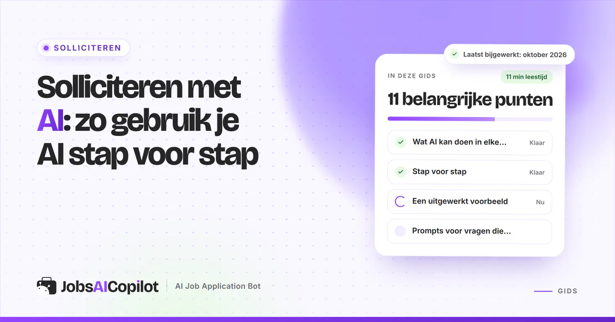 Cover over solliciteren met AI met een stappenchecklist: wat AI per fase doet, een uitgewerkt voorbeeld en een eindcheck