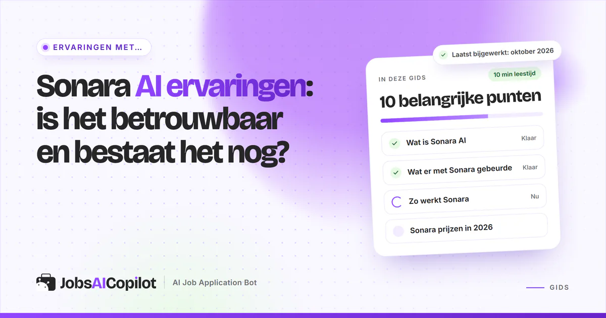 Sonara AI ervaringen: kaart met functies, prijsoverzicht en voor- en nadelen op een violette JobsAICopilot-cover