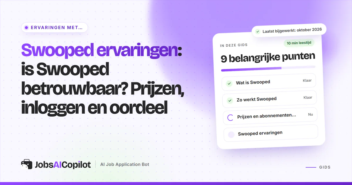 Swooped ervaringen: titelkaart “Is Swooped betrouwbaar?” met een checklist over prijzen, inloggen en oordeel