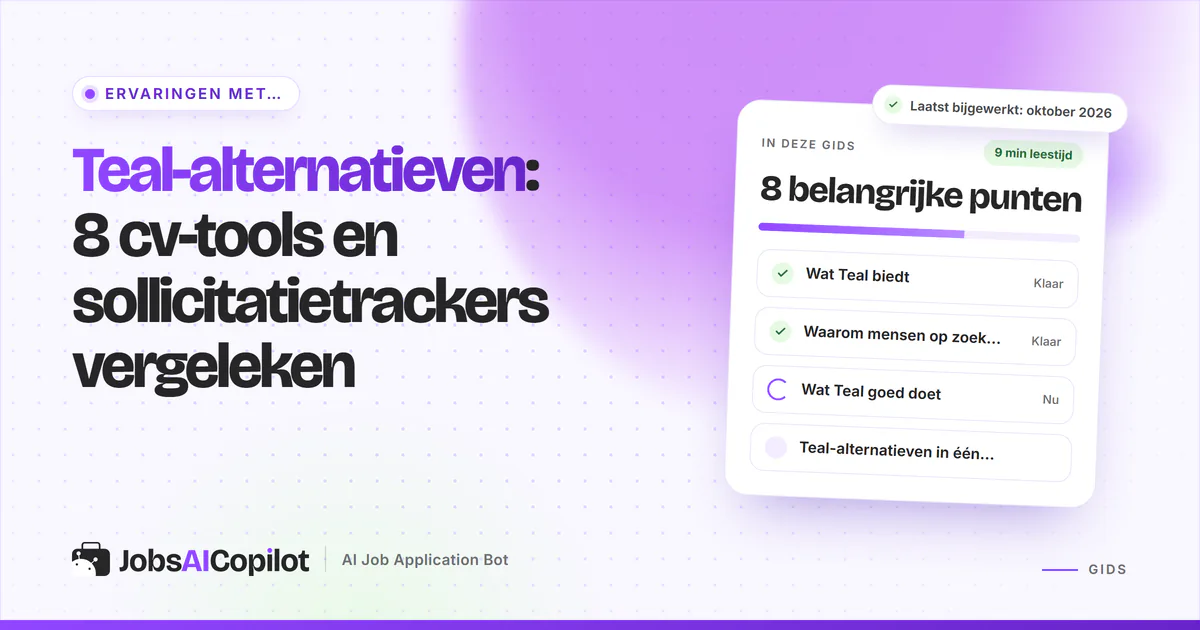 Teal-alternatieven: JobsAICopilot, Huntr, Careerflow en Kickresume op een violette JobsAICopilot-cover