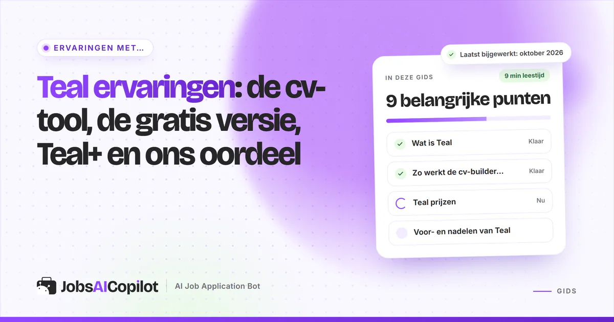 Teal ervaringen: kaart met functies, prijsoverzicht en voor- en nadelen op een violette JobsAICopilot-cover