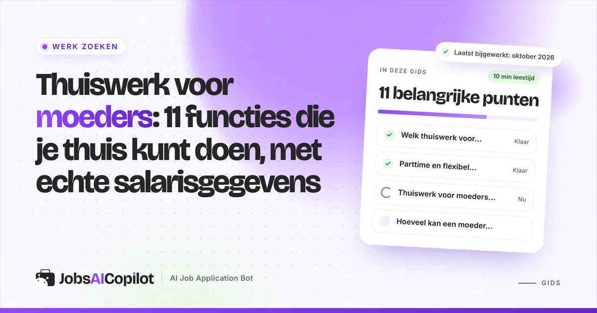 Thuiswerk voor moeders: laptop en notitieboek op een keukentafel op een JobsAICopilot-cover