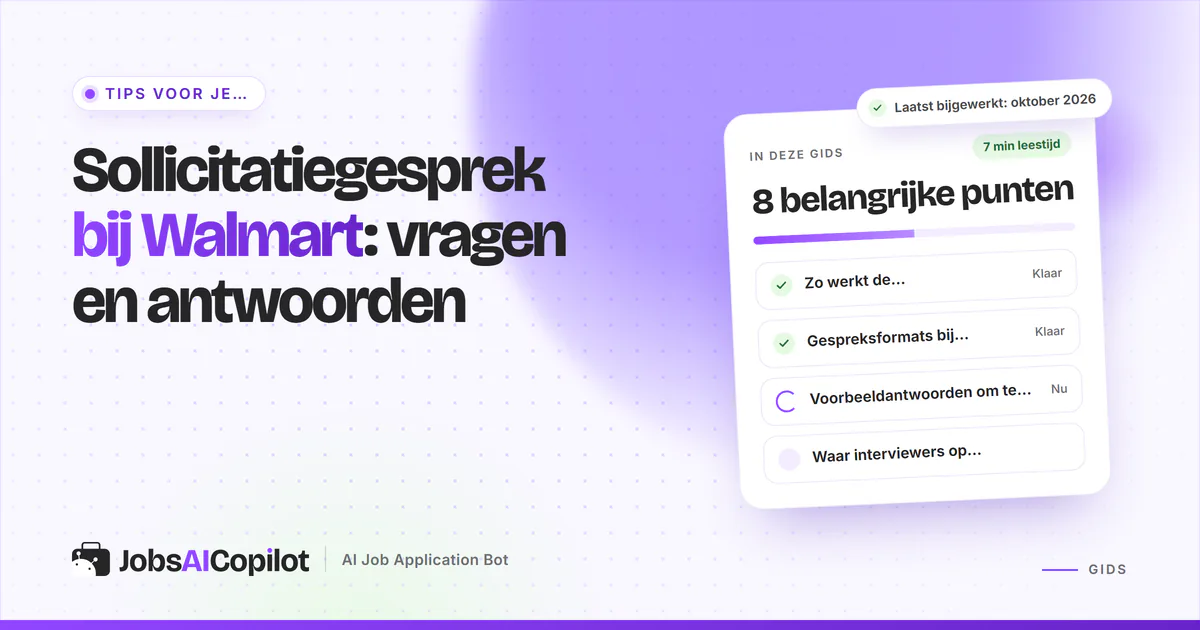 Sollicitatievragen van Walmart als oefengesprek in chatvorm op een violette JobsAICopilot-cover