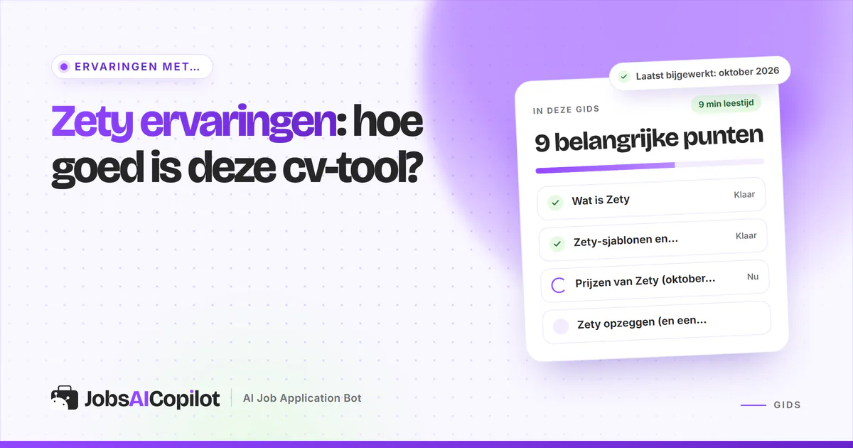 Zety ervaringen: kaart met functies, prijsoverzicht en gebruikerservaringen op een violette JobsAICopilot-cover