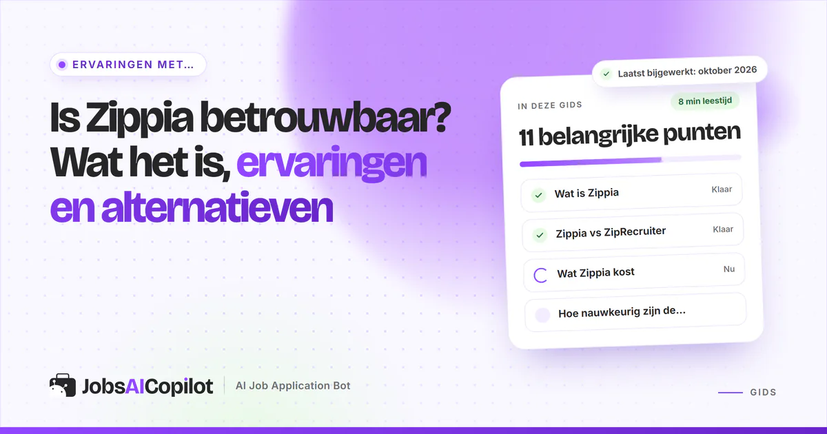 Checklistkaart “Is Zippia betrouwbaar?” met wat het is, ervaringen en alternatieven op een JobsAICopilot-cover