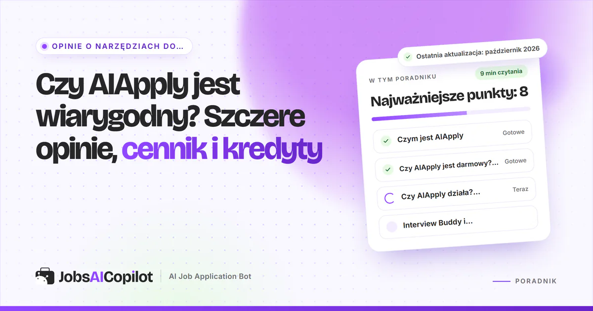 AIApply opinie: karta z najważniejszymi funkcjami, rozbiciem cen i alternatywami na fioletowej okładce JobsAICopilot