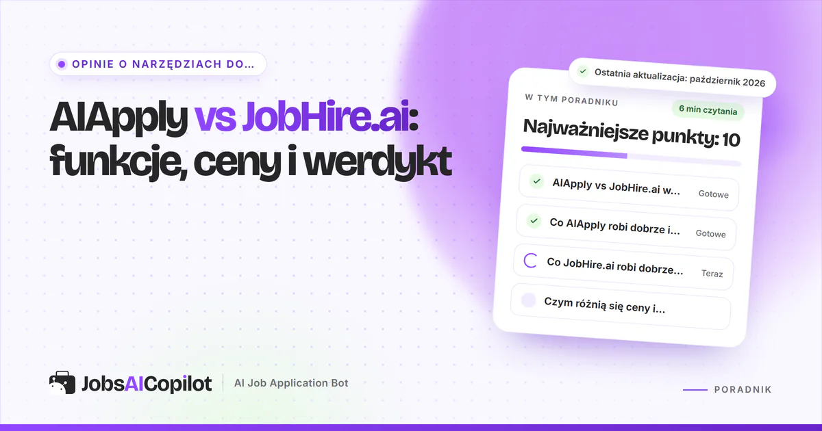 Karty porównania AIApply vs JobHire.ai z plakietką VS na fioletowej okładce JobsAICopilot