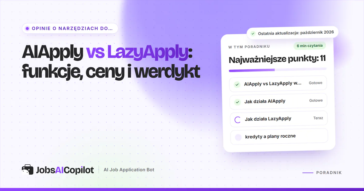Karty porównania AIApply vs LazyApply z plakietką VS na fioletowej okładce JobsAICopilot