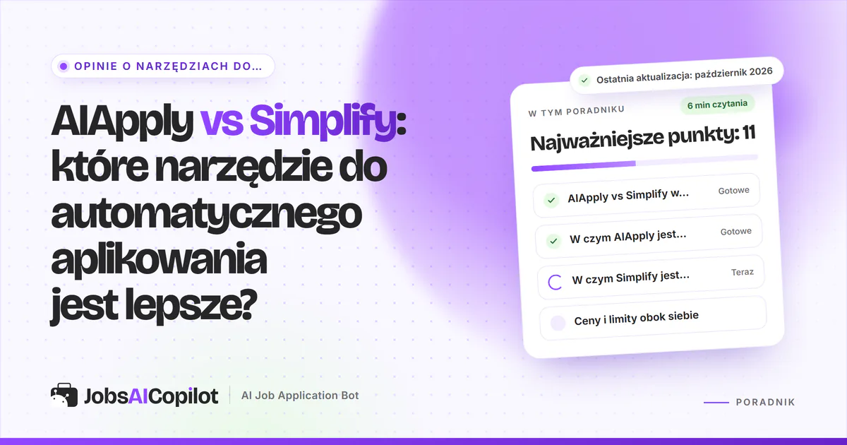 Karty porównania AIApply vs Simplify z plakietką VS na fioletowej okładce JobsAICopilot