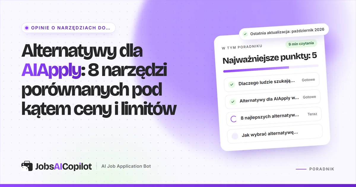 Alternatywy dla AIApply: JobsAICopilot, Simplify, LoopCV i Jobright na fioletowej okładce JobsAICopilot