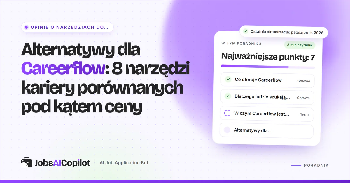 Alternatywy dla Careerflow: JobsAICopilot, Teal, Huntr i Simplify na fioletowej okładce JobsAICopilot
