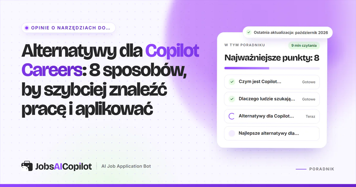 Okładka z alternatywami dla Copilot Careers: JobsAICopilot, Indeed, wyszukiwarka ofert pracy Google i CareerOneStop