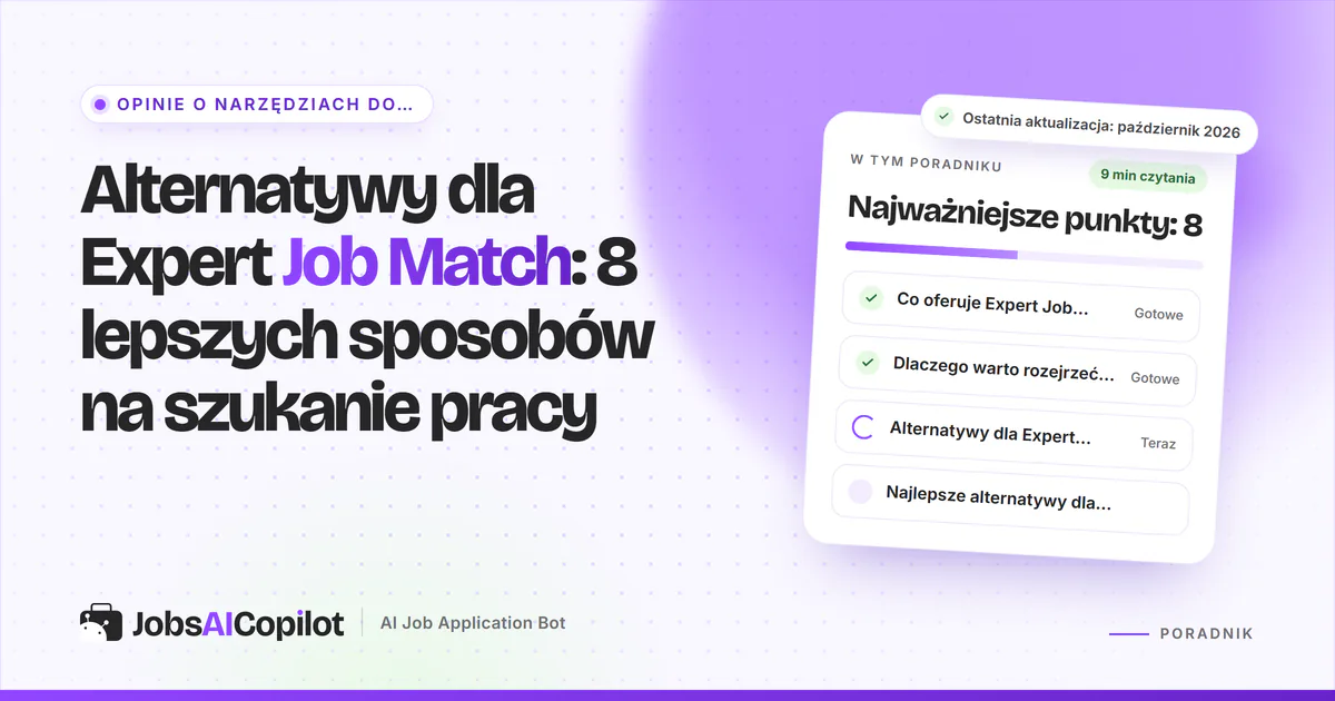 Alternatywy dla Expert Job Match: JobsAICopilot, Indeed, LinkedIn Jobs i Glassdoor na fioletowej okładce JobsAICopilot