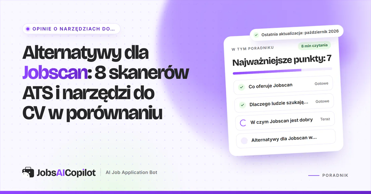Alternatywy dla Jobscan: JobsAICopilot, SkillSyncer, Teal i Careerflow na fioletowej okładce JobsAICopilot