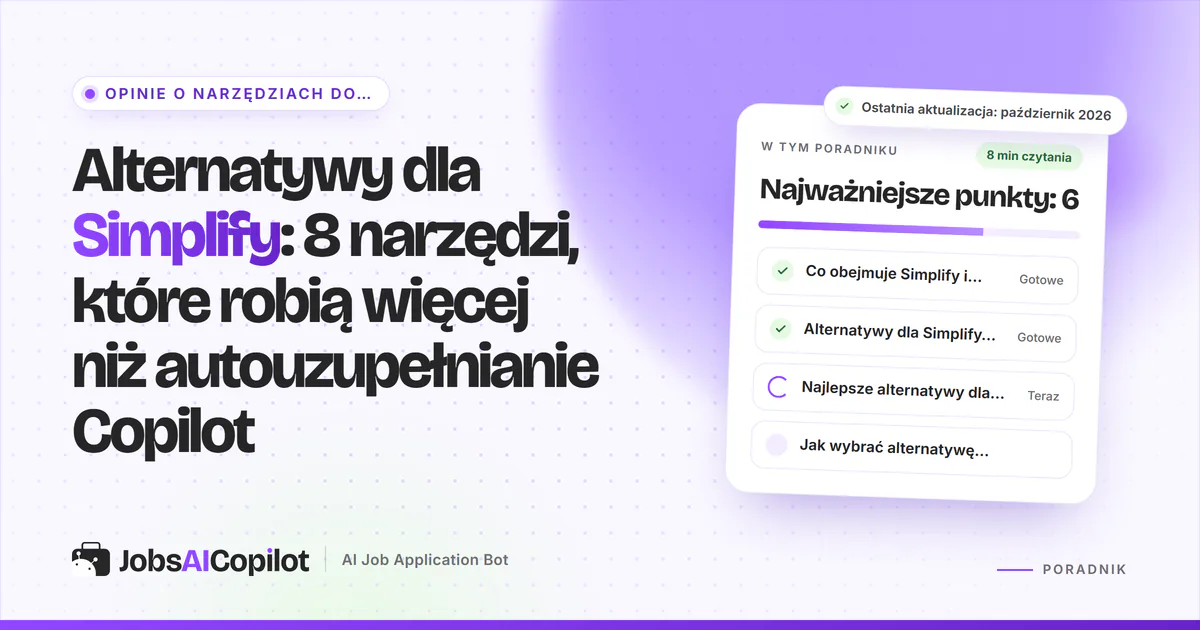 Alternatywy dla Simplify: JobsAICopilot, Jobright, Wobo i FastApply na fioletowej okładce JobsAICopilot