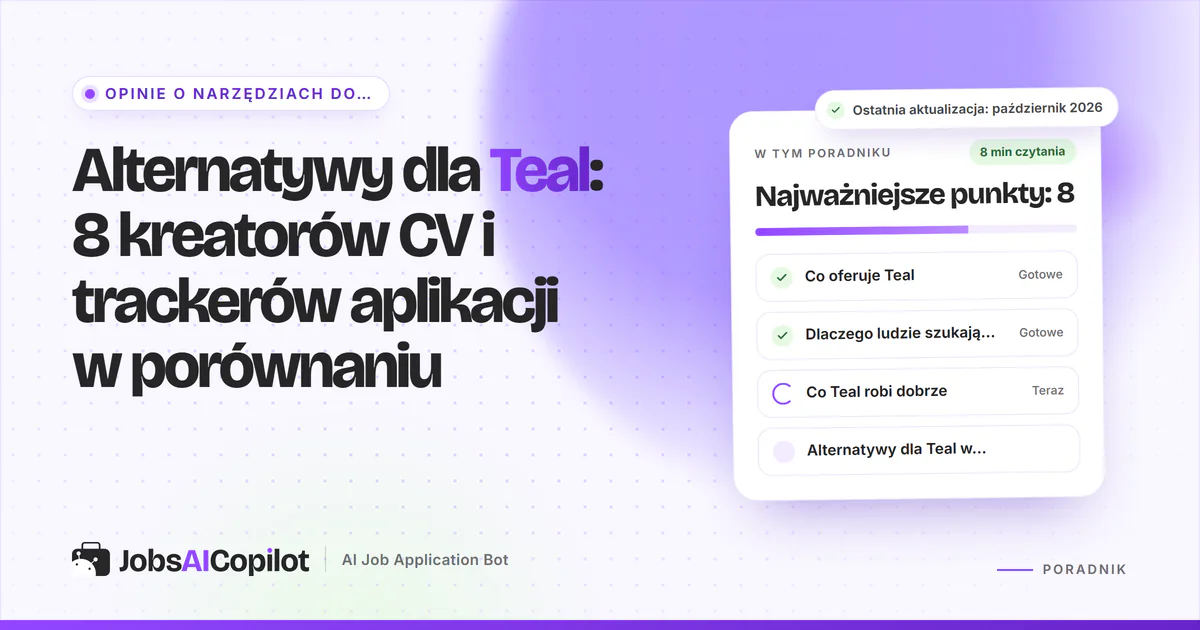 Alternatywy dla Teal: JobsAICopilot, Huntr, Careerflow i Kickresume na fioletowej okładce JobsAICopilot