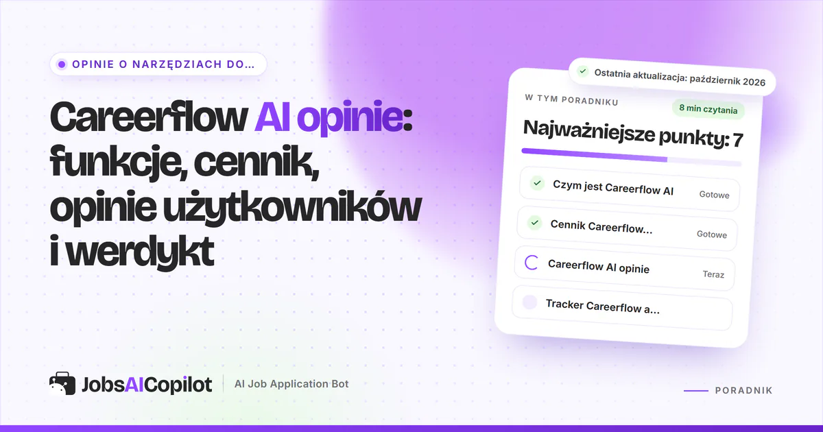 Careerflow AI opinie: karta z najważniejszymi funkcjami, rozbiciem cen i opiniami użytkowników na fioletowej okładce