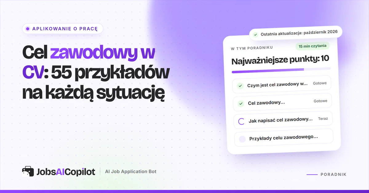 Cel zawodowy w CV, przykłady: nagłówek CV z krótkim zdaniem o celu zawodowym wyróżnionym na fioletowej okładce