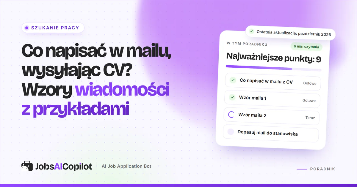 Co napisać w mailu, wysyłając CV: makieta maila z dopiskiem „CV w załączniku” na fioletowej okładce JobsAICopilot