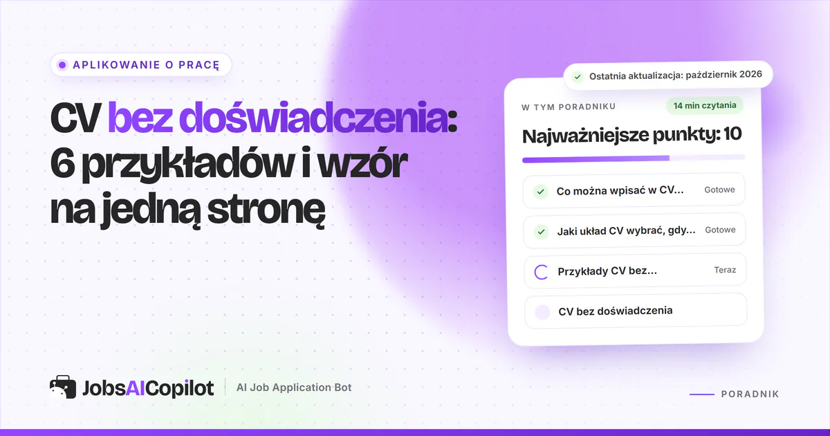 CV bez doświadczenia: jednostronicowe CV z umiejętnościami i wykształceniem na fioletowej okładce
