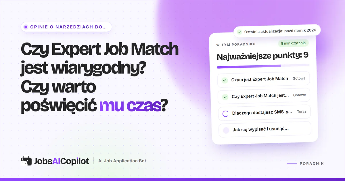 Karta weryfikacji Expert Job Match: najważniejsze funkcje, opinie użytkowników, zalety i wady na fioletowej okładce