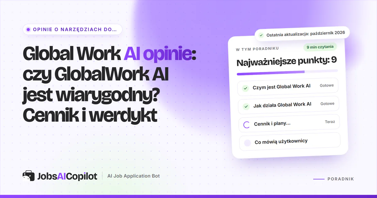 Okładka recenzji Global Work AI: karta z pytaniem „Czy GlobalWork AI jest wiarygodny?” obok listy z cenami i werdyktem