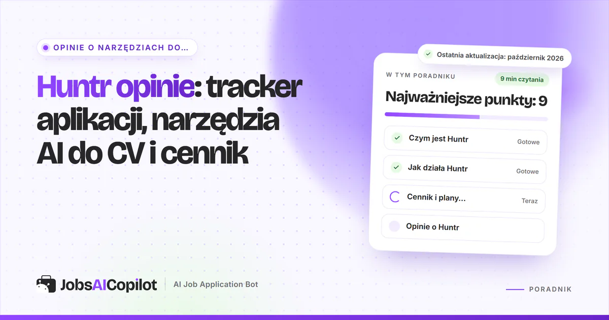 Okładka recenzji Huntr: karta o trackerze aplikacji, narzędziach AI do CV i cenach obok listy z werdyktem