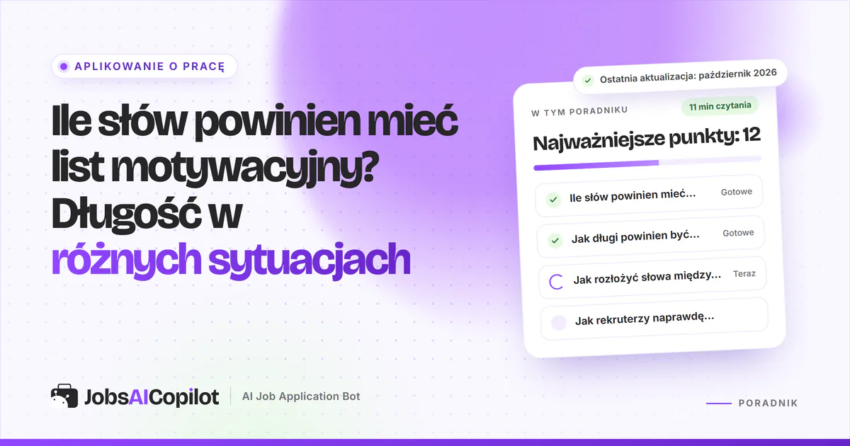 Ile słów powinien mieć list motywacyjny: jednostronicowy list z dopiskiem 250–400 słów na fioletowej okładce JobsAICopilot