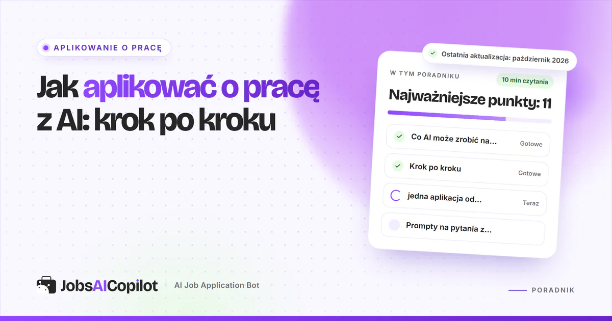Okładka poradnika o aplikowaniu o pracę z AI z listą kroków: AI na każdym etapie, przykład i kontrola przed wysłaniem