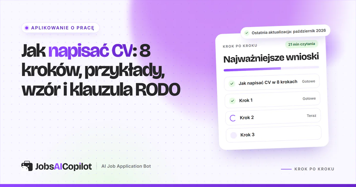 Jak napisać CV: jednokolumnowe CV z wyróżnionymi sekcjami na fioletowej okładce