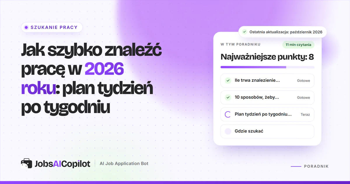 Jak szybko znaleźć pracę w 2026 roku: karta z planem krok po kroku na fioletowej okładce JobsAICopilot