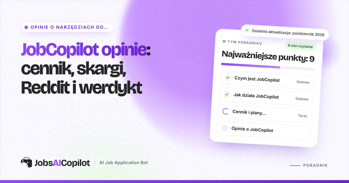 Okładka recenzji JobCopilot: karta z napisem „Cennik, skargi, Reddit i werdykt” obok listy z werdyktem