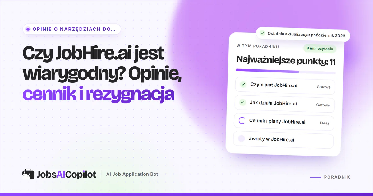 JobHire.ai opinie: karta z najważniejszymi funkcjami, rozbiciem cen i opiniami użytkowników na fioletowej okładce
