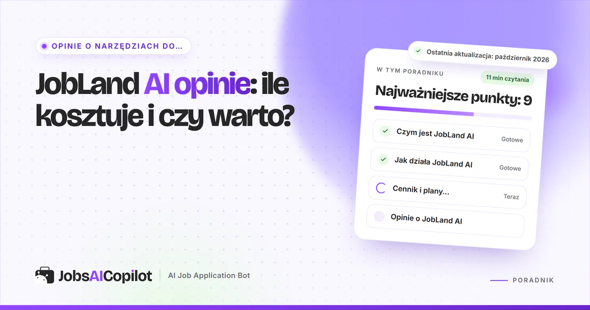 Okładka recenzji JobLand AI: karta o opiniach, kosztach i tym, czy warto, obok listy z werdyktem