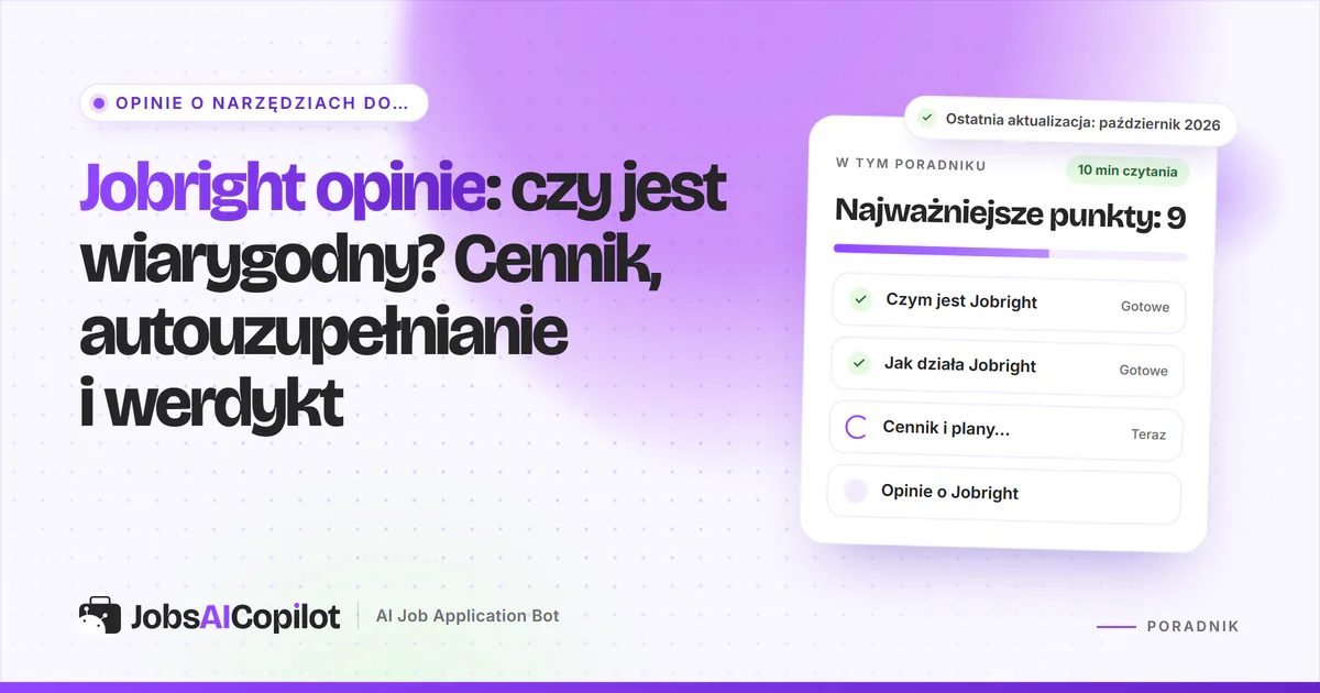 Okładka recenzji Jobright: karta „Czy jest wiarygodny? Cennik, autouzupełnianie i werdykt” obok listy z werdyktem