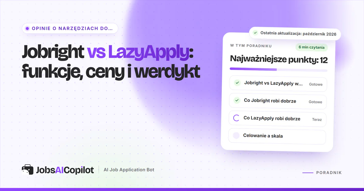 Karty porównania Jobright vs LazyApply z plakietką VS na fioletowej okładce JobsAICopilot