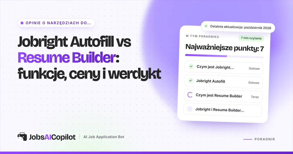 Karty porównania Jobright Autofill vs Resume Builder z plakietką VS na fioletowej okładce JobsAICopilot