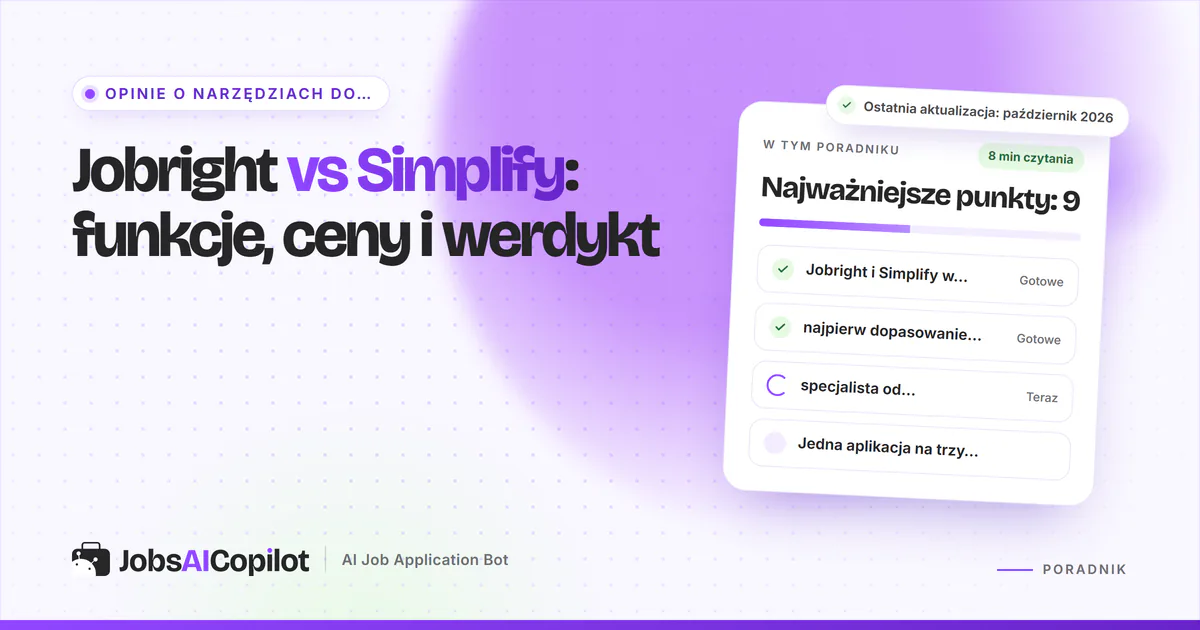 Karty porównania Jobright vs Simplify z plakietką VS na fioletowej okładce JobsAICopilot