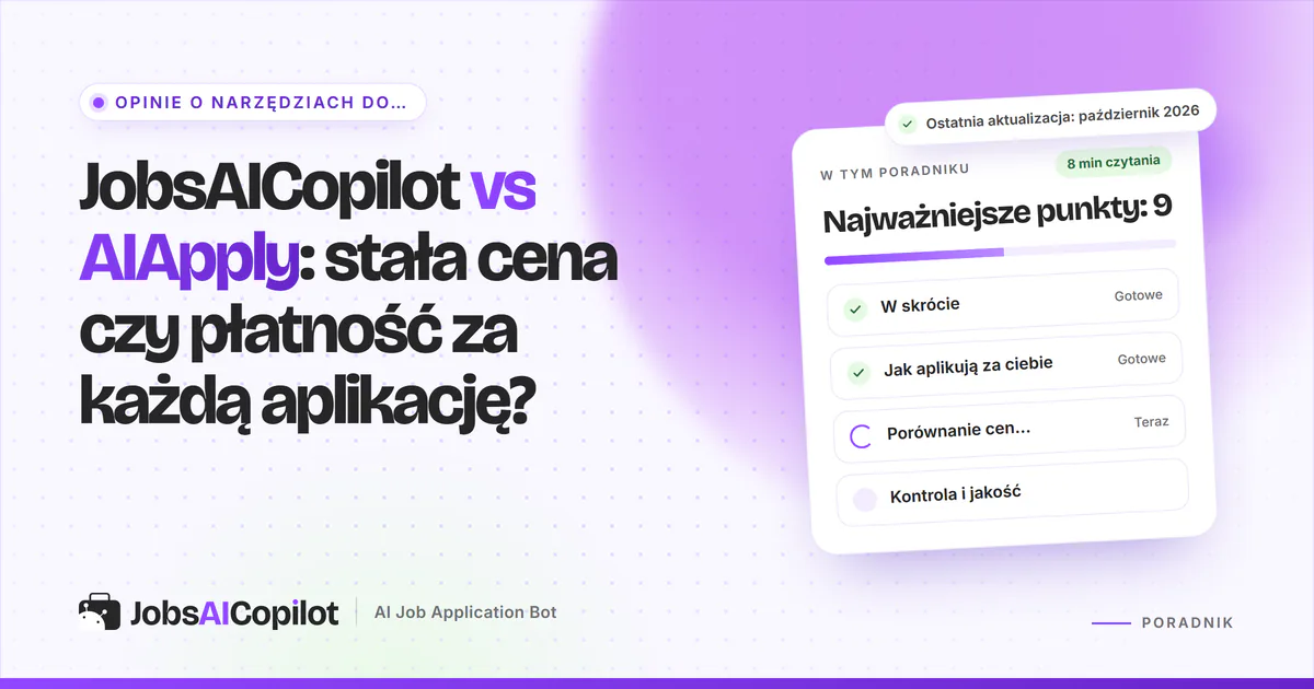 Okładka porównania JobsAICopilot vs AIApply: stała cena tygodniowa kontra kredyty płatne za każdą aplikację