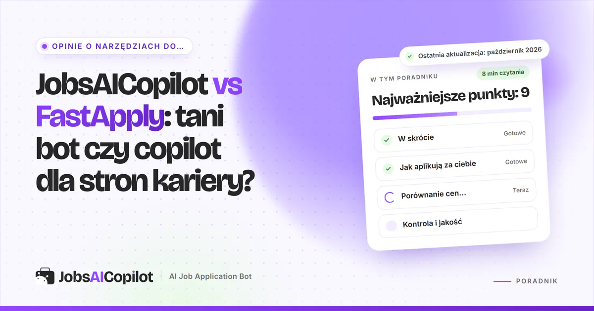 Okładka porównania JobsAICopilot vs FastApply: panel rozszerzenia przeglądarki obok kolejki aplikacji ze stron kariery