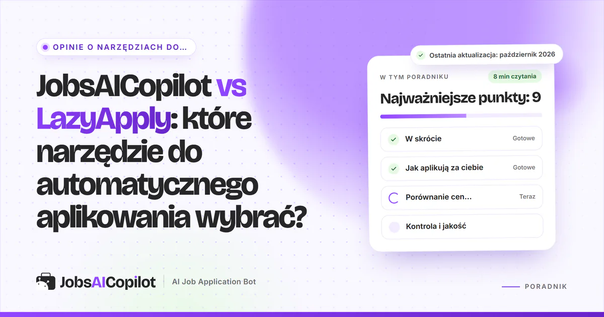 Okładka porównania JobsAICopilot vs LazyApply: ceny roczne i tygodniowe, dzienne limity i lista kontrolna akceptacji
