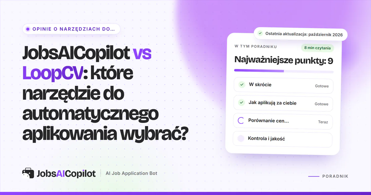 Okładka porównania JobsAICopilot vs LoopCV: dwie kolumny zestawiające cenę, dzienne limity i kontrolę przed wysłaniem