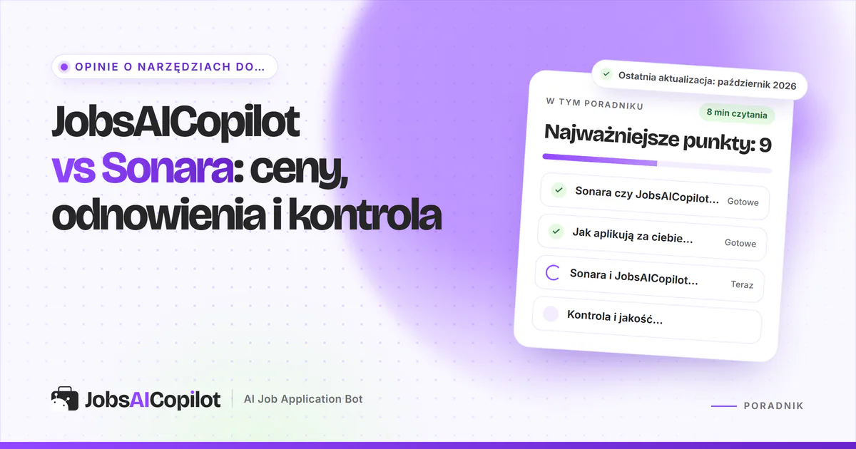 Okładka porównania JobsAICopilot vs Sonara: karty z cenami, zasadami odnowienia i kontrolą akceptacji
