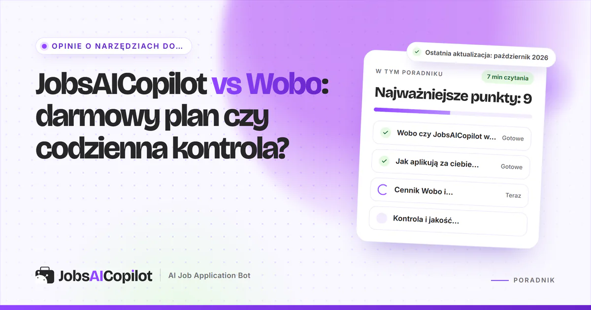 Okładka porównania JobsAICopilot vs Wobo: karty do przesuwania ofert obok dziennej kolejki aplikacji z akceptacją