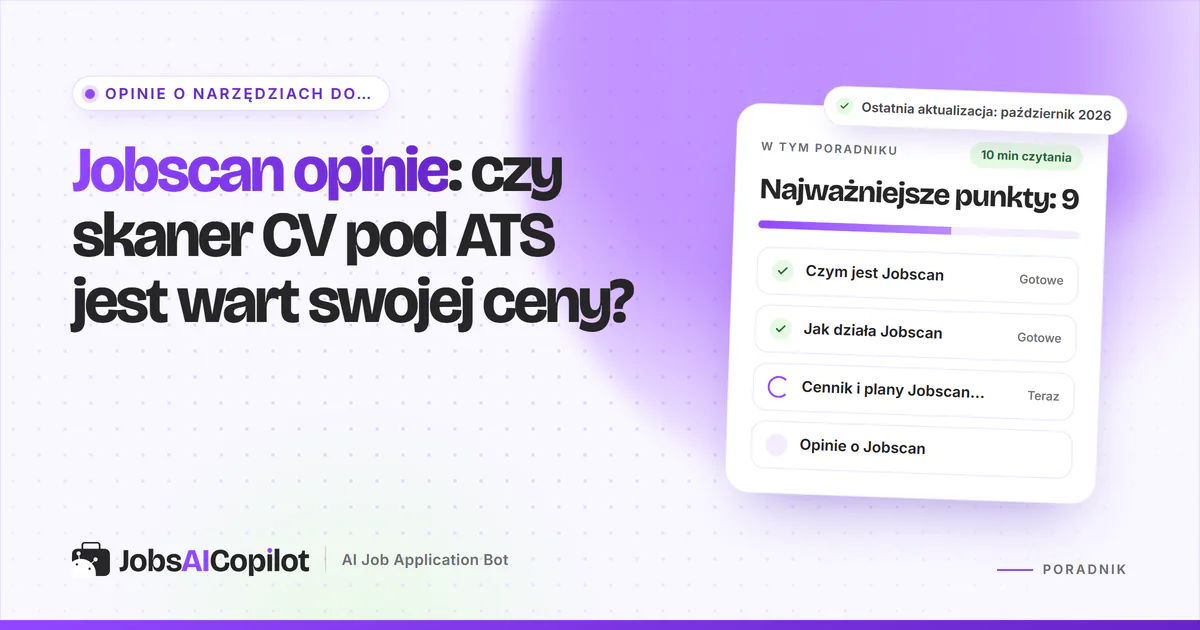 Okładka recenzji Jobscan: karta z pytaniem, czy skaner CV pod ATS jest wart swojej ceny, obok listy z werdyktem