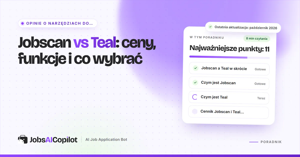 Karty porównania Jobscan vs Teal z plakietką VS na fioletowej okładce JobsAICopilot