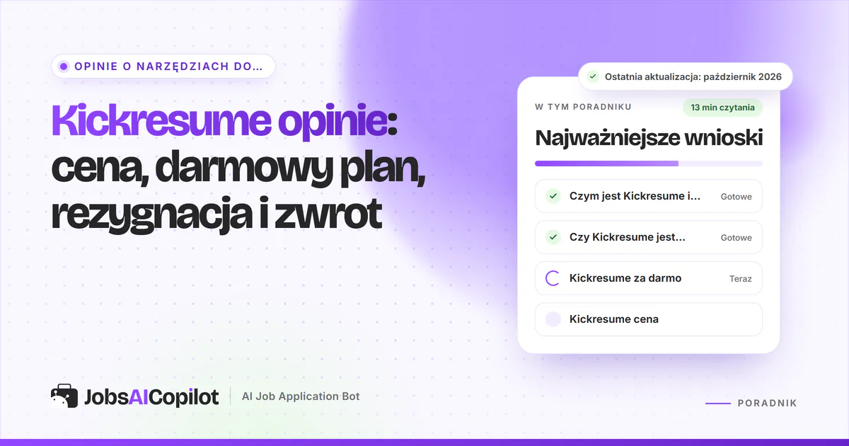 Kickresume opinie: karta z ceną w euro, planem darmowym, zasadami zwrotu i oceną użytkowników na fioletowej okładce