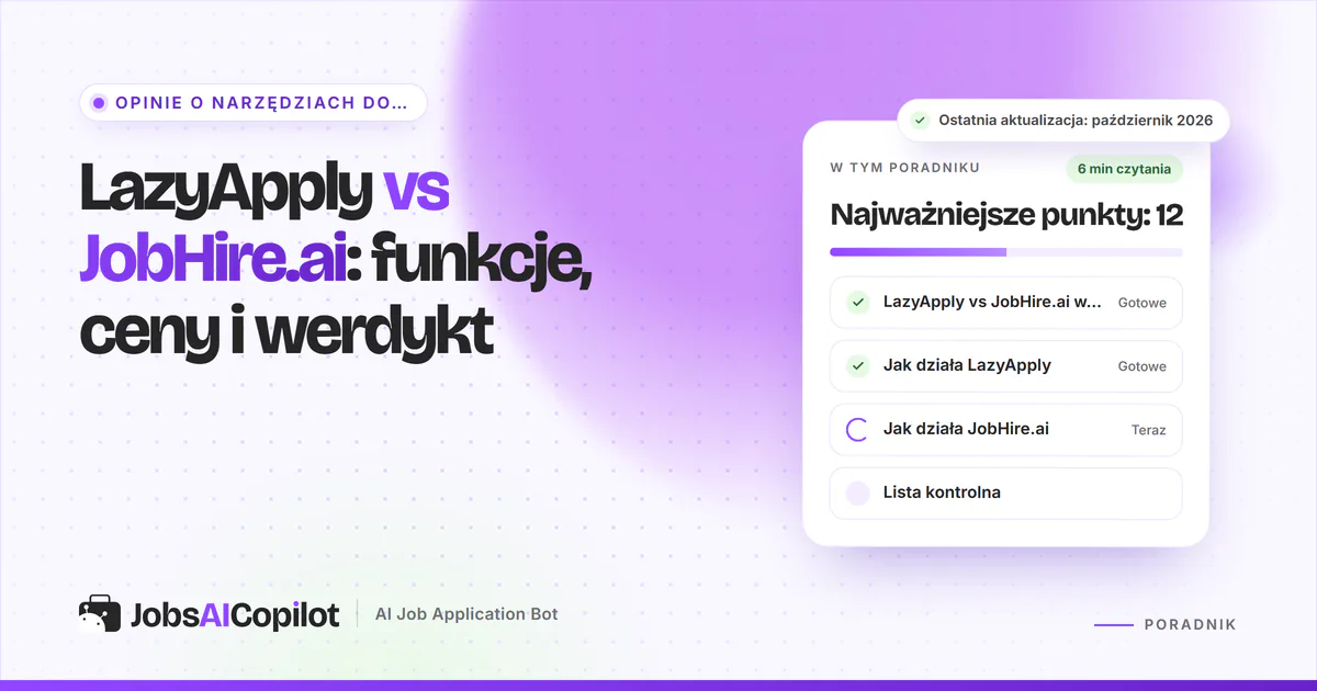 Karty porównania LazyApply vs JobHire.ai z plakietką VS na fioletowej okładce JobsAICopilot